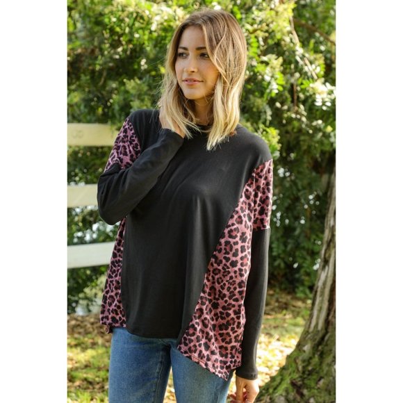 Haptics Tops - Leopard Print Color Block Dolman Loose Fit Top